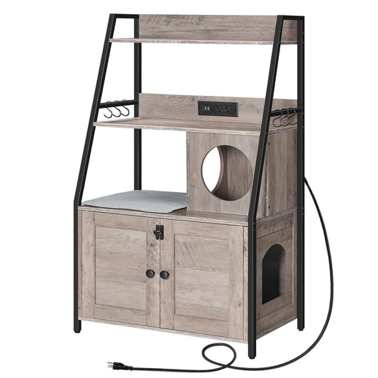 Hidden Litter Box Cabinet with Charging Hub and Storage Shelves